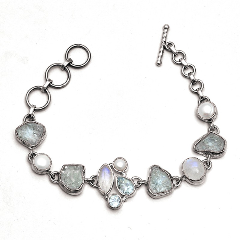 Aquamarine Rainbow Moonstone Blue Topaz Pearl Gemstone 925 Sterling Silver Bracelet Jewelry