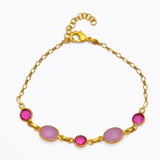 Oval Round Shape Gemstone 925 Sterling Silver Gold Plated Bracelet