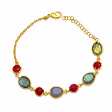 Ruby Labradorite Gemstone 925 Sterling Silver Gold Plated Bracelet