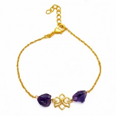 Amethyst Rough Gemstone 925 Sterling Silver Gold Plated Bracelet