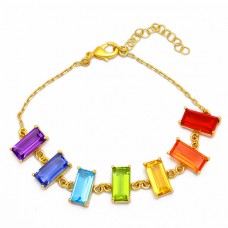 Rectangle Shape Multi Color Gemstone 925 Silver Gold Plated Bracelet