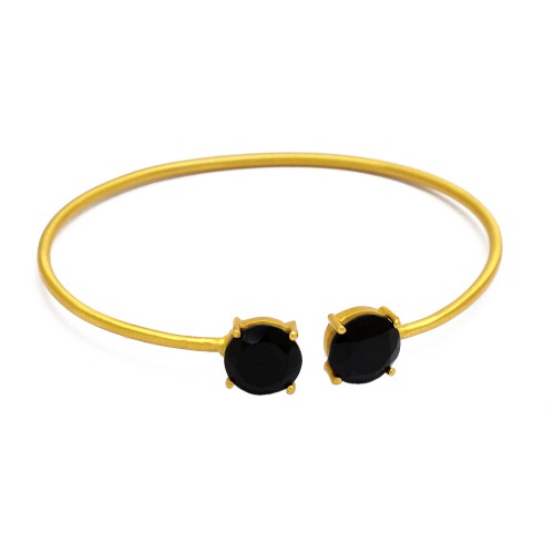 Prong Setting Black Onyx Gemstone 925 Sterling Silver Adjustable Gold Plated Bangle Jewelry