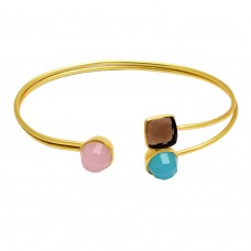 Smoky quartz, Aqua chalcedony & Rose chalcedony sterling silver gold plated bangle