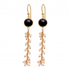  925 Sterling Silver Jewelry  Round Shape Black Onyx & Pearl  Gemstone Gold Plated Earrings