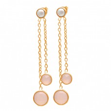 Bezel Setting Chalcedony Pearl Gemstone 925 Sterling Silver Chain Hanging Stud Earrings