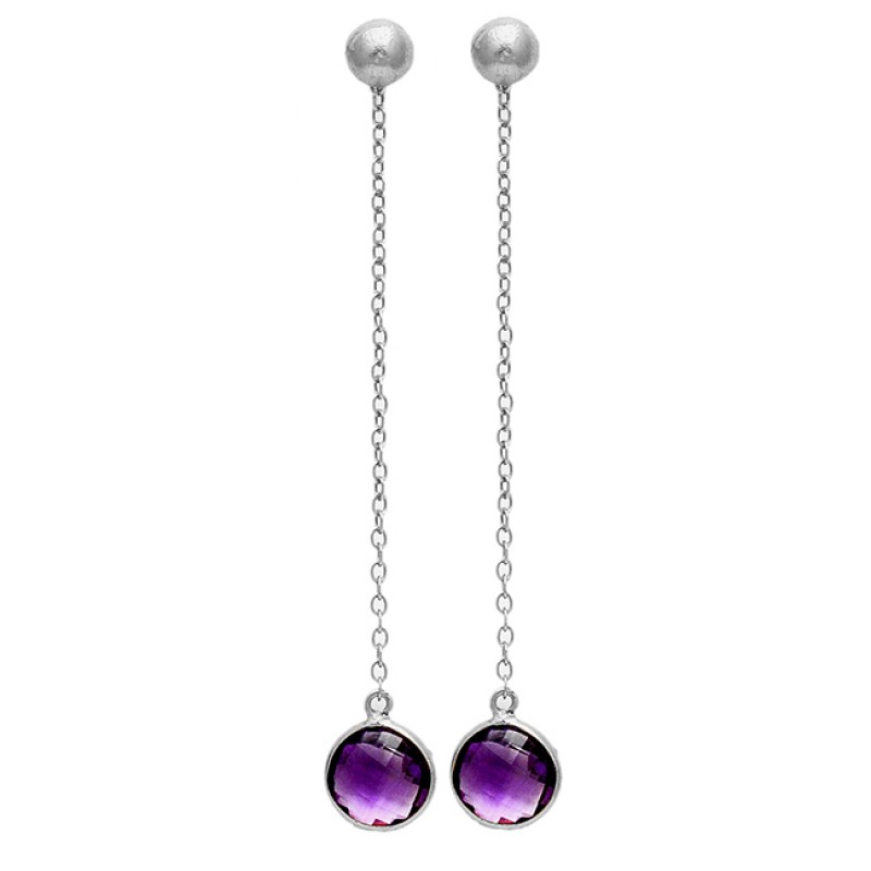 Hanging Chain Designer Purple Amethyst Round Gemstone Gold Plated Earrings