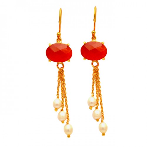 Designer Red Onyx Pearl Gemstone Hanging Chain 925 Silver Gold Plated Dangle Earrrings