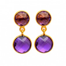 Amethyst Round Shape Gemstone 925 Sterling Silver Gold Plated Bezel Setting Earrings