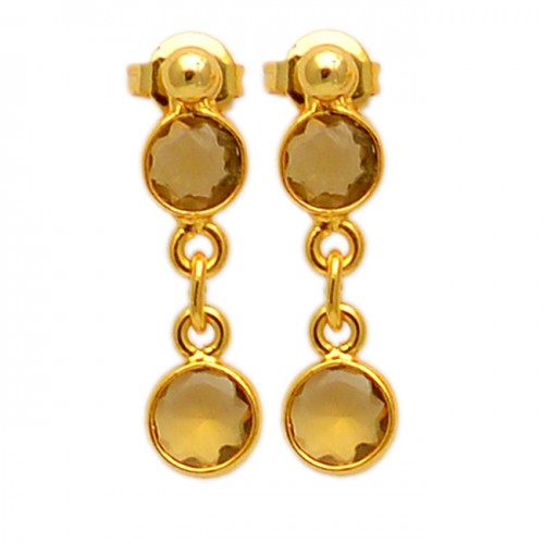 Latest Unique Designer Citrine Round Shape Gemstone Gold Plated Stud Earrings
