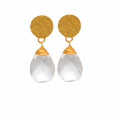 925 Sterlig Silver Crystal Pear Shape Gemstone Gold Plated Hammered Stud Earrings