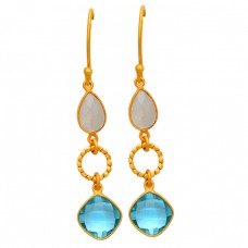 Rainbow Moonstone Topaz Gemstone 925 Sterling Silver Gold Plated Dangle Earrings