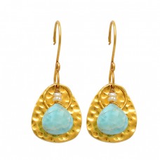 Larimar Pearl Gemstone 925 Sterling Silver Gold Plated Hammered Designer Earrings