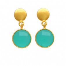 Round Shape Aqua Chalcedony Gemstone 925 Sterling Silver Gold Plated Stud Earrings