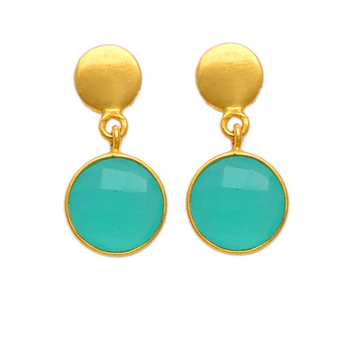 Round Shape Aqua Chalcedony Gemstone 925 Sterling Silver Gold Plated Stud Earrings