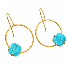 Stylish Blue Turquoise Cushion Shape Gemstone 925 Silver Gold Plated Earrings