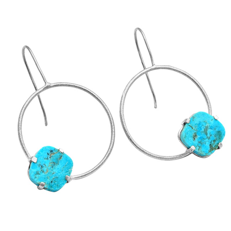 Stylish Blue Turquoise Cushion Shape Gemstone 925 Silver Gold Plated Earrings