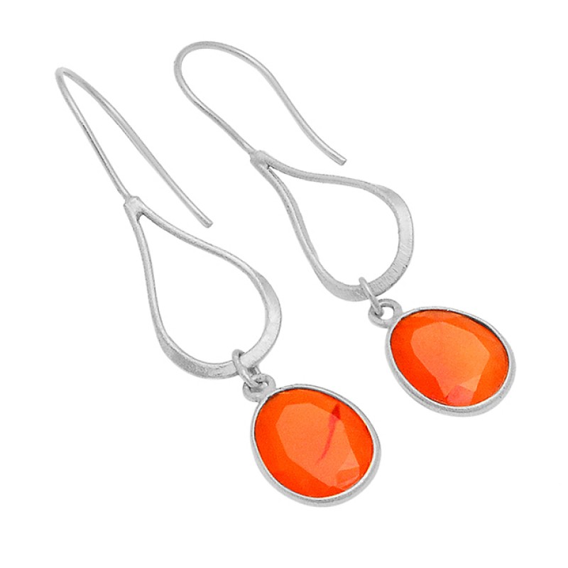 Unique Carnelian Faceted Oval Gemstone 925 Silver Gold Plated Dangle Earrings