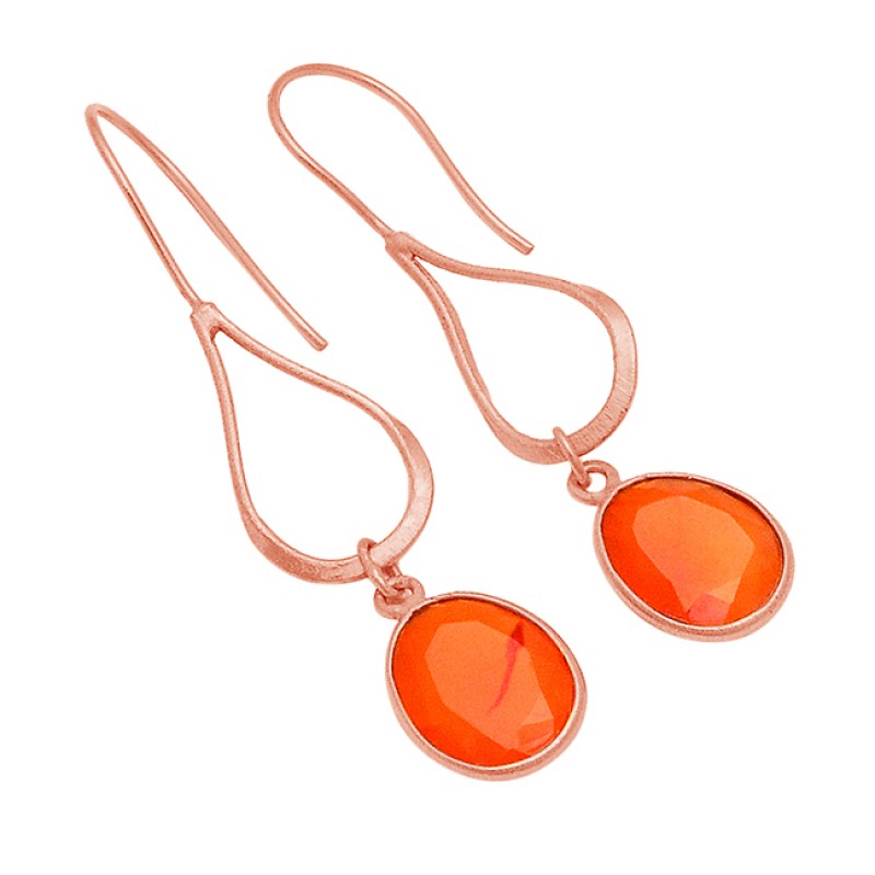 Unique Carnelian Faceted Oval Gemstone 925 Silver Gold Plated Dangle Earrings