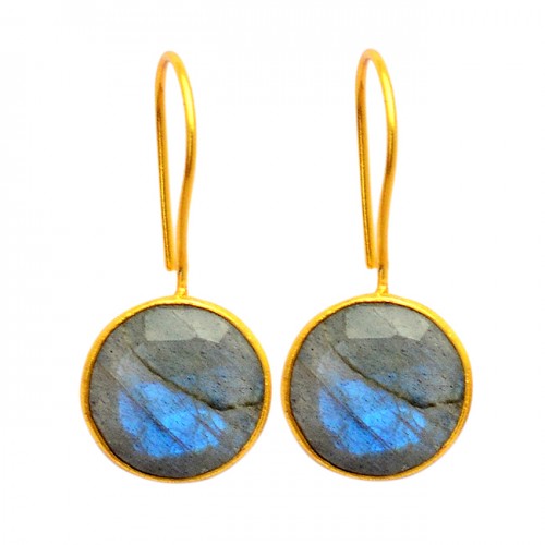 Labradorite Round Shape Gemstone 925 Sterling Silver Gold Plated Fixed Ear Wire Earrings