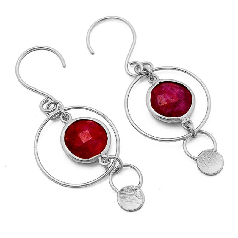 Designer Red Ruby Round Shape Gemstone 925 Silver Gold Plated Dangle Earrrings