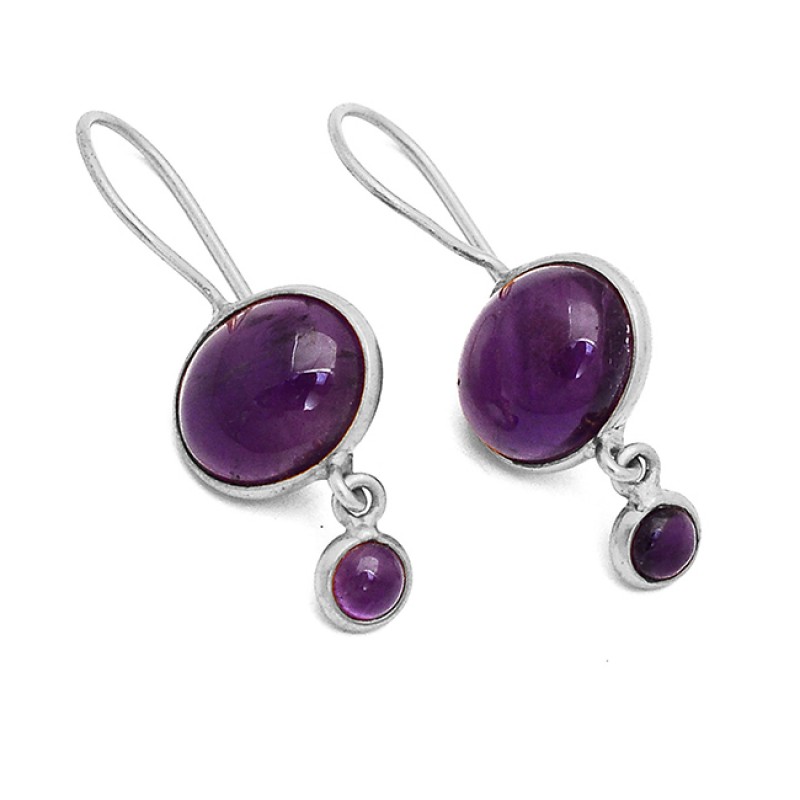 Cabochon Oval Round Amethyst Gemstone Fixed Ear Wire Gold Plated Earrings