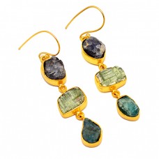 Raw Material Iolite Peridot Apatite Rough Gemstone 925 Silver Gold Plated Earrings