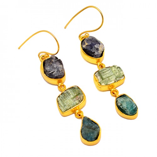 Raw Material Iolite Peridot Apatite Rough Gemstone 925 Silver Gold Plated Earrings