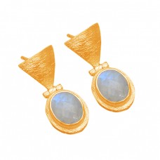 Oval Shape Rainbow Moonstone 925 Sterling Silver Gold Plated Designer Stud Earrings