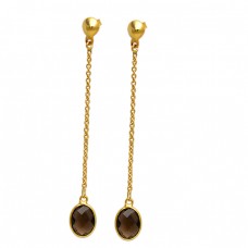 Oval Shape Smoky Quartz Gemstone 925 Sterling Silver Gold Plated Stud Dangle Earrings