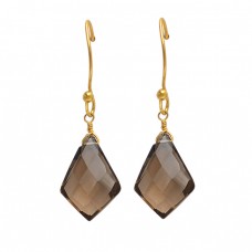 Fancy Shape Smoky Quartz Gemstone 925 Sterling Silver Gold Plated Dangle Earrings