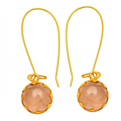 Rose Quartz Round Cabochon Gemstone 925 Sterling Silver Gold Plated Dangle Hoop Earrings