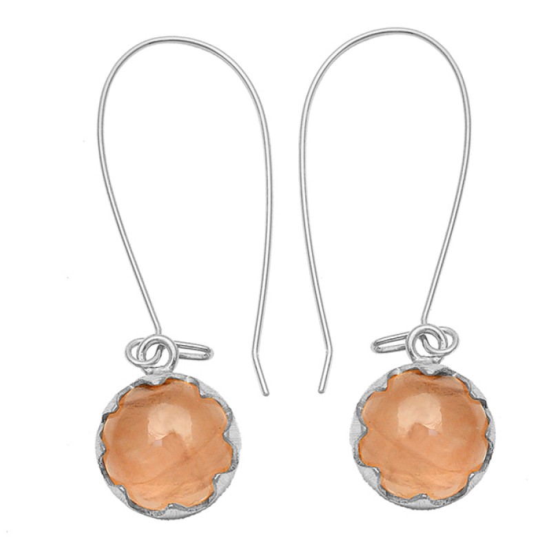 Rose Quartz Round Cabochon Gemstone 925 Sterling Silver Gold Plated Dangle Hoop Earrings