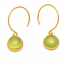 Prehnite Round Cabochon Gemstone 925 Sterling Silver Gold Plated Dangle Earrings