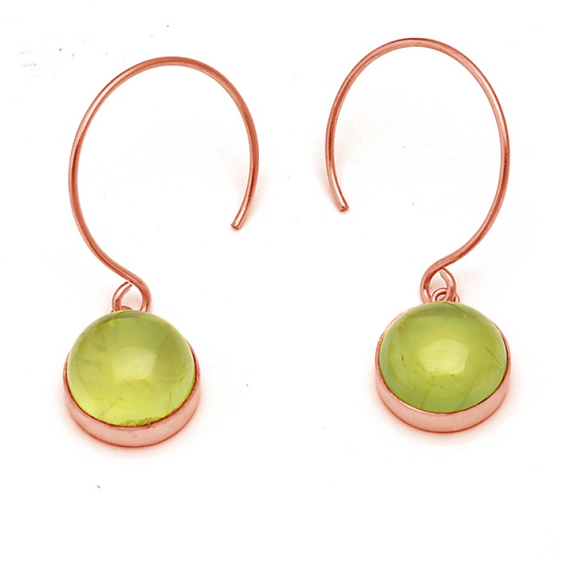 Prehnite Round Cabochon Gemstone 925 Sterling Silver Gold Plated Dangle Earrings
