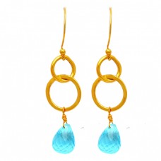 Sky Blue Topaz Pear Drops Shape Gemstone 925 Sterling Silver Gold Plated Earrings