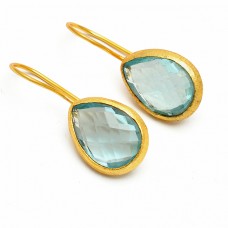 Briolette Pear Shape Sky Blue Topaz Gemstone 925 Sterling Silver Gold Plated Earrings