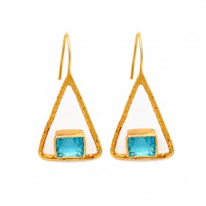 Octagon Shape Sky Blue Topaz Gemstone 925 Sterling Silver Gold Plated Earrings