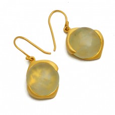Round Cabochon Prehnite Gemstone 925 Sterling Silver Gold Plated Dangle Earrings