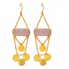 Rectangle Shape Rose Quartz Gemstone Chain Hanging Gold Plated Earrings