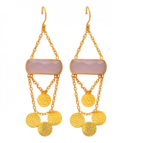 Rectangle Shape Rose Quartz Gemstone Chain Hanging Gold Plated Earrings