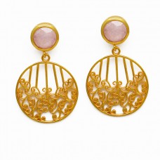 Filigree Style Designer Pink Quartz Gemstone 925 Silver Gold Plated Earrings