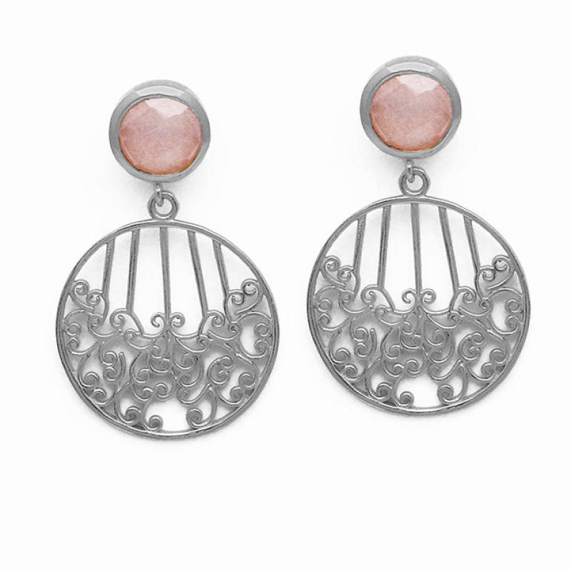 Filigree Style Designer Pink Quartz Gemstone 925 Silver Gold Plated Earrings