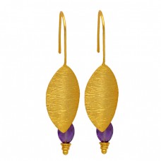 925 Sterling Silver Amethyst Gemstone Fixed Ear Wire Gold Plated Earrings