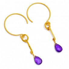 Purple Amethyst Briolette Pear Shape Gemstone Gold Plated Hoop Earrings