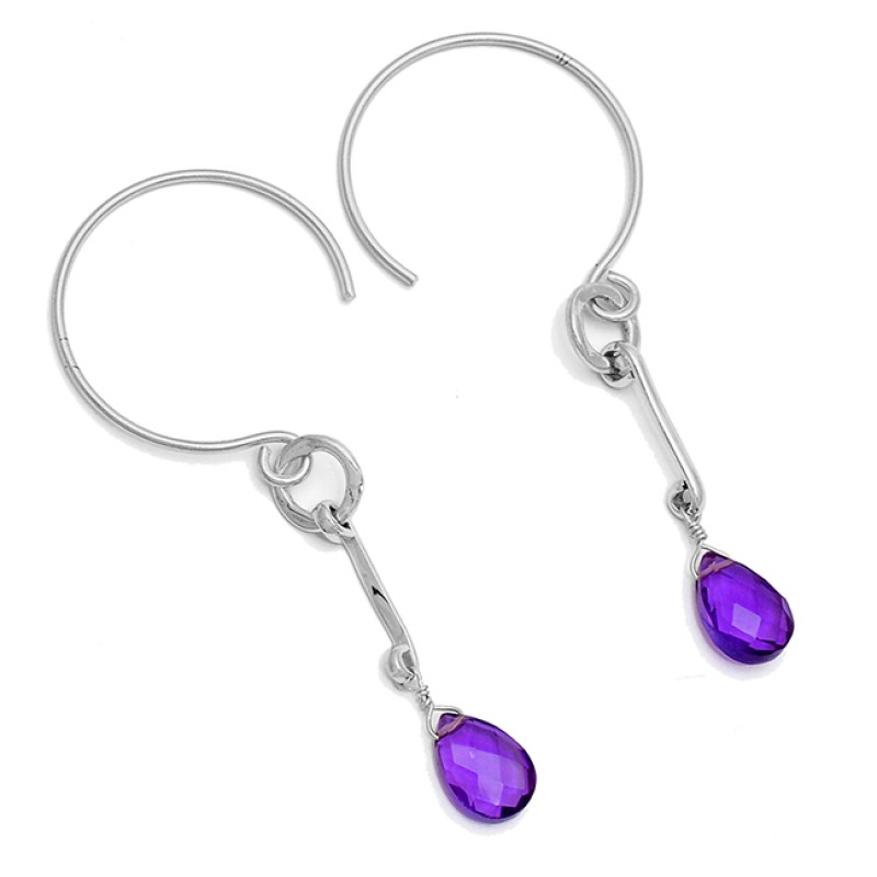 Purple Amethyst Briolette Pear Shape Gemstone Gold Plated Hoop Earrings