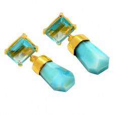 Larimar Sky Blue Topaz Gemstone 925 Sterling Silver Gold Plated Designer Dangle Earrings