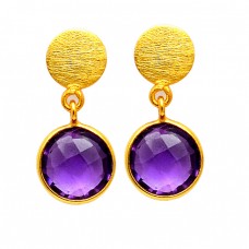 Round Shape Amethyst Gemstone 925 Sterling Silver Gold Plated Handmade Stud Earrings