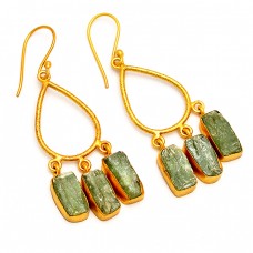 Raw Material Green Kyanite Rough Gemstone 925 Silver Gold Plated Dangle Earrings