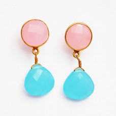 Pink Quartz Chalcedony Gemstone 925 Sterling Silver Gold Plated Stud Dangle Earrings