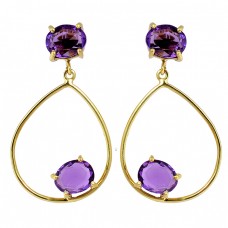 Purple Amethyst Faceted Oval Shape Gemstone 925 Silver Gold Plated Dangle Earrings